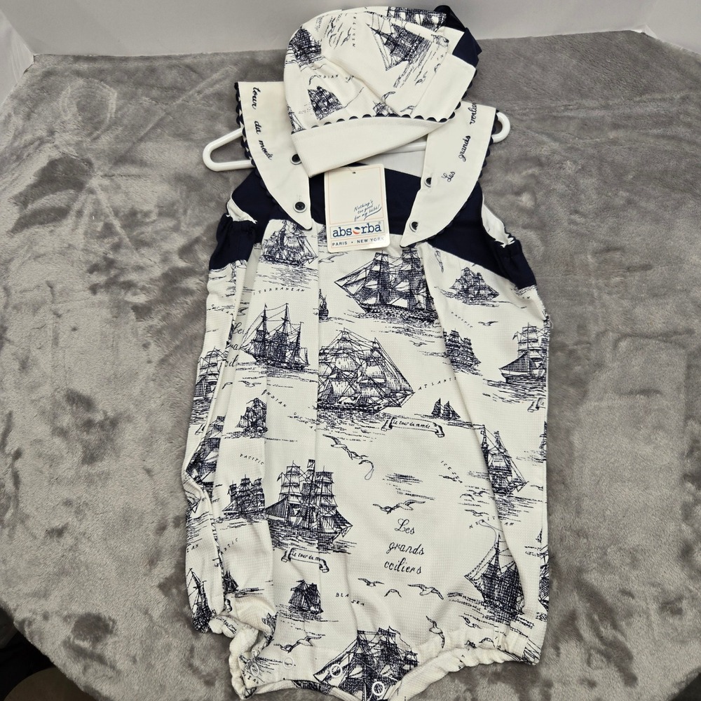 Absorba Baby Boys Nautical Ship Print Romper and Hat Set Navy White 24M NWT